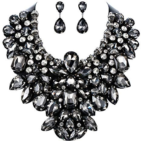 Flyonce Costume Jewelry for Women, Rhinestone Crystal Statement Necklace Earrings Set Dark Black