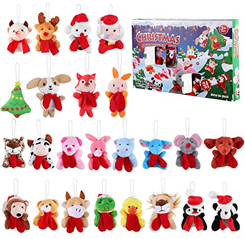 Toddmomy 24Pcs Christmas Advent Calendar Mini Animal Plush Toys Christmas 24 Days Countdown Advent Calendar with Animal Plush Toys for Kids Tree Decor
