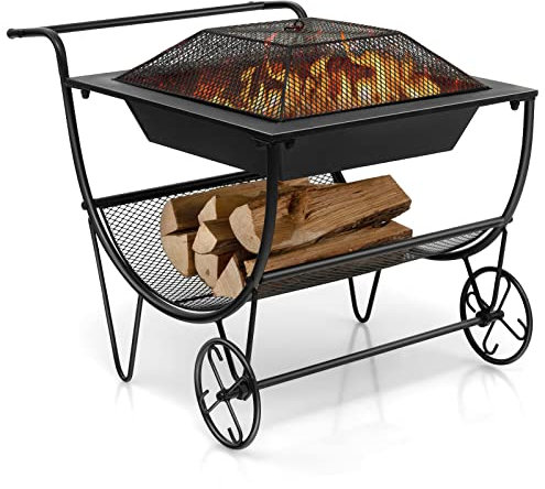 GYMAX Brasero Extérieur avec Range-Bûches 2-EN-1, Chariot à Bois de Cheminée, Porte Bûches de Bois de Chauffage pour Feu de joie, Camping et Pique-nique, Noir