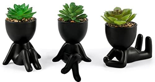 Laelfe 3 Pcs Plantes Succulentes Artificielles avec Pot en Céramique Noire de Forme Humaine, Fausses Plantes Vertes Décoration pour Décoration Bureau, Balcon, Salon
