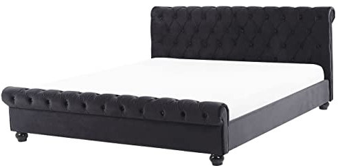 Beliani Velvet Fabric EU King Size Waterbed 5ft3 with Mattress Tufted Black Avallon