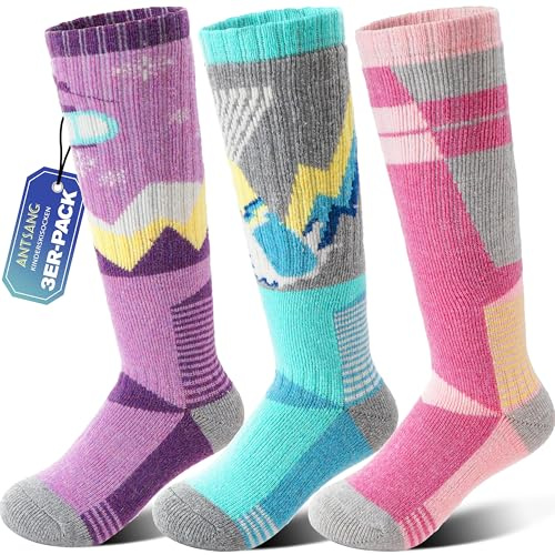 ANTSANG Kids Merino Wool Ski Socks for Girls Boys Teen Thermal Thick Warm Winter Hiking Knee High Stocking Stuffers Socks for Skiing Snowboarding(Skate B,4-7 Y)