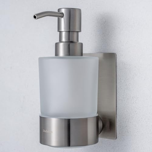 Dolvhin® Dispenser Sapone a Parete Senza Forare | Dosatore Liquido in Vetro Satinato | Dispenser Inox con Supporto | Dispenser di Sapone Adesivo da Muro | Dosatore Detersivo 250ml | Grigio Argento