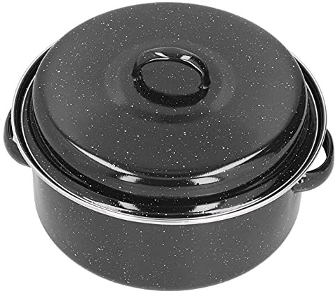 Roaster Pan with Lid, 11 Inch Round Enamel Iron Roasting Pan with Rack for Turkey Meat Bread Veg, Black