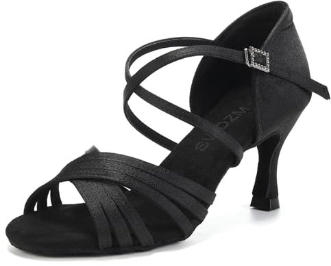 SWDZM Latein Tanzschuhe für Damen Professionelle Tanzschuhe Ballsaal Party Salsa Tanzübung Performance Schuhe,Schwarz,Ferse 7cm,Wildledersohle,38EU