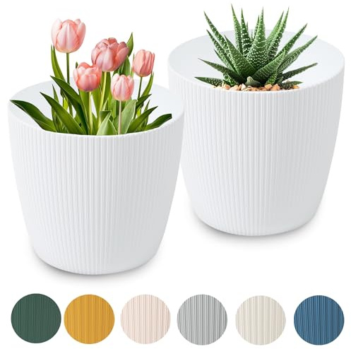 PECZEKO Macetero mate, maceta de plástico, maceta decorativa para plantas grandes, 2 maceteros de flores, macetero para hierbas, 2 unidades, color blanco, diámetro de 22 cm