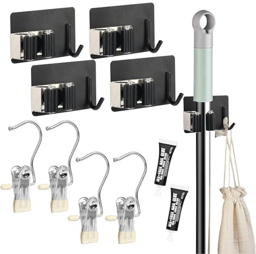 4 Pièces Noir Range Attache Crochet Balai, Facile à Utiliser Porte Balais Mural Sans Percage, Inoxydable de Crochet de Vadrouille avec 4 Pinces à Serviettes et 2 Colles pour Garages Jardins Remises