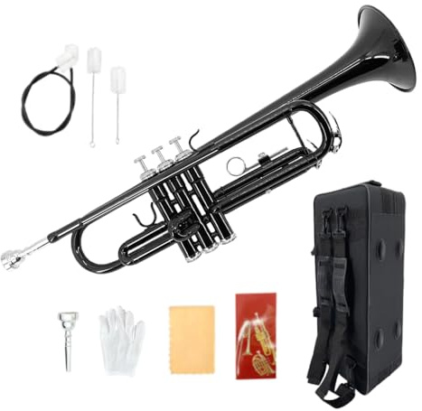WUQIMUSC Student Trumpet Set for Beginners, Brass Trumpet Instruments, B Flat, with 7C Mouthpiece, Cleaning Cloth, Gloves and Hard Carrying Case (Black)