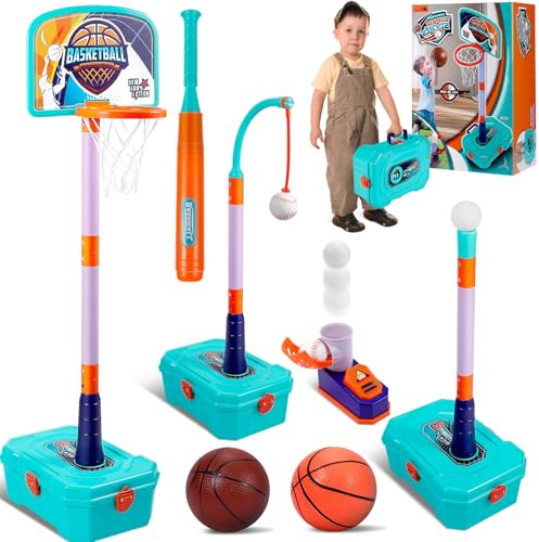 4 in 1 Toddler Basketball Hoop and T Ball Set - Adjustable Kids Basketball Goal Baseball Tee with Pitching Machine - Christmas Birthday Indoor Outdoor Sport Toy Games Gifts for Boys Girls Age 3-5