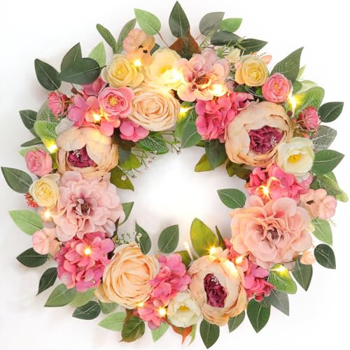 [Lighted & Timer] 22 Spring Summer Wreaths for Front Door Peony Wreath with Lights Pink Silk Flower Hydrangea Rose Green Leaves Floral Wreath for Home Wall Window Wedding Party Indoor Outdoor Decor