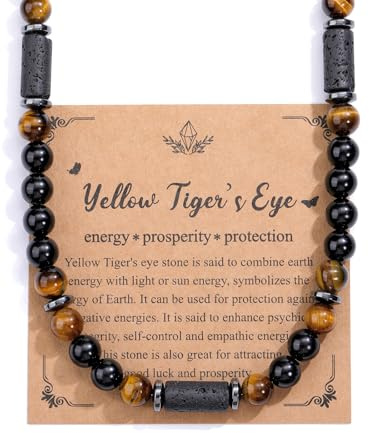 Jovivi Mens Necklace Mens Jewellery Gifts For Men,Obsidian Tiger Eye Hematite Black Lava Crystal Healing Beaded Necklace for Men,Men's Gifts for him Dad Boyfriend Birthday Fathers Day Valentines