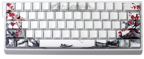 JSJTKeys Plum Blossom Theme White Keycap,PBT Side-Printed Translucent Keycaps, 74 Keys Cherry Profile Keycap Set Suitable for Cherry MX Switches 60/61/65/67/68 Mechanical Keyboards(Key Caps Only)