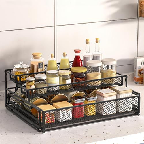 AZVLFY 3-Etagen Gewürzregal Stehend für Küche: Faltbares Schubladen Design Schwarz Küchenregal Einfacher Ausziehbar Kohlenstoffstahl Gewürz Organizer Geeignet für Hausfrauen zum Aufbewahren