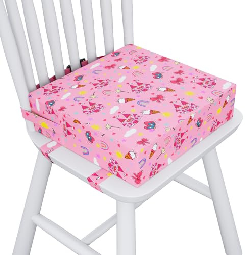 Capslpad Cojín elevador de asiento para mesa de comedor con 3 correas ajustables, impermeable, grueso, de dibujos animados, desmontable, lavable, soporte fuerte, cojín portátil rosa para silla
