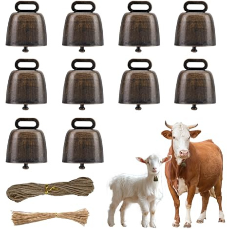 10 PCS Antique Style Metal Cow Bells with Hemp rope Super Loud Cattle Horse Sheep Farm Animal Dog Cat Pet Bronze Jingle Bells Christmas Decorations Xmas Crafts Gifts