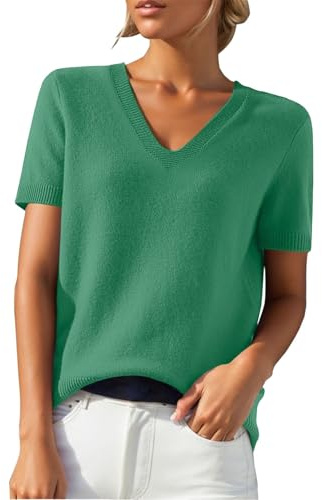 PODOLIXIA Jersey de manga corta para mujer, cuello de pico, de punto, monocolor, manga corta, jersey de punto fino, suave, respetuoso con la piel, para verano, suéter para mujer, verde, L