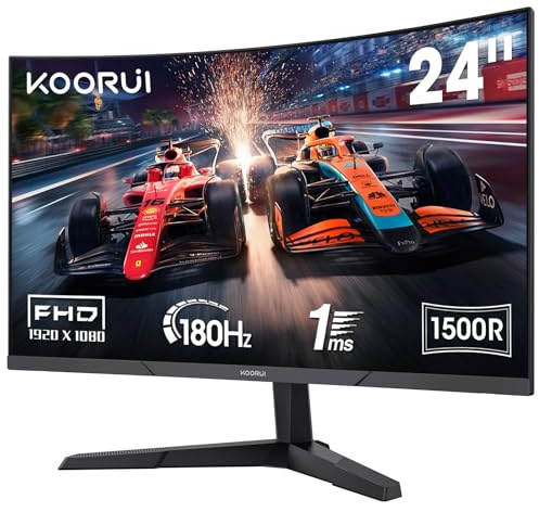 KOORUI 24E6CA 24 tums böjd spelskärm, FHD 1080P 180Hz 1ms adaptiva synkroniseringsskärmar, 1500R HDMI 2.0 x 2/DP 1.2, 100 x 100 mm VESA-montering, lutbar skärm, svart