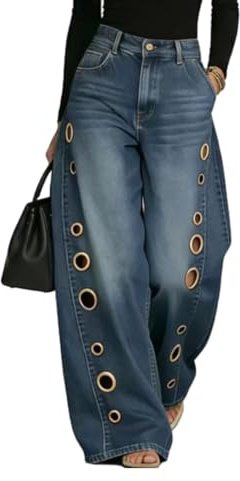 Jeans holgados de cintura alta y pierna ancha para mujer, holgados con ojales recortados
