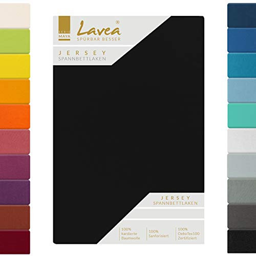 Lavea® Jersey Topper Spannbettlaken, Spannbetttuch, Serie Maya, 100% Baumwolle, hochwertige Verarbeitung, mit Gummizug und OekoTex100 200x220cm, Schwarz