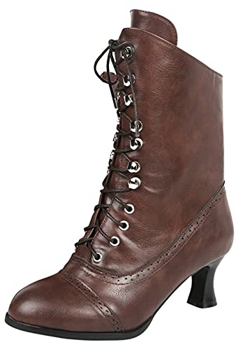 SOOUICKER Bottines à lacets mi-mollet pour femme - Coupe large - Gothique Steampunk - Avec talon, marron, 37 EU