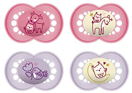 MAM Set di 4 ciucci originali Pure Day & Night in materiale sostenibile e rinnovabile, tettarella in silicone MAM SkinSoft, con scatola per ciuccio, 6-16 mesi, capriolo/uccello/gufo