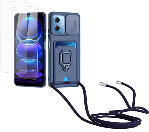 Kaslly Case für Redmi Note 12 Pro/Xiaomi Poco X5 Pro Handykette Hülle+[2 Schutzfolie Glas],Slide kameraschutz,Silikon Handyhülle zum Umhängen Kette,Kartenfach-Navy blau