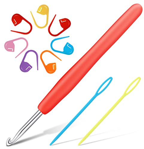 cobee Häkelnadel Set, 4,5 mm Häkelnadel mit Maschenmarkierern und stumpfen Nadeln mit großem Öhr Ergonomischer weicher Griff Häkelgriffe Aluminium Strickhäkelnadel Häkelzubehör