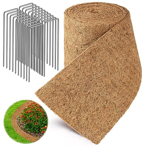 Natural Mulch Roll for Landscaping, 120 x 6.3 Organic Thick Coconut Fiber Mulch Mat with 20U-Shaped Steel Stakes, Garden-Mulch Border Roll for Plants, Vegetable, Flowers Weed Barrier