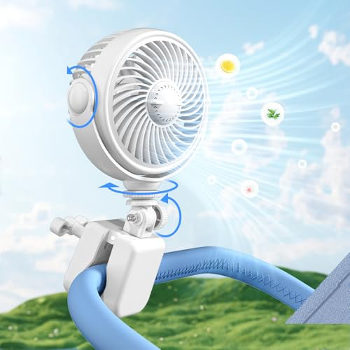 Nauttxon Rechargeable Stroller Fan Clip On for Baby - Clip Fan for Babies Battery Operated for Stroller Bike Travel Trip Camping, 360°Rotatable, 4 Wind Speed, White