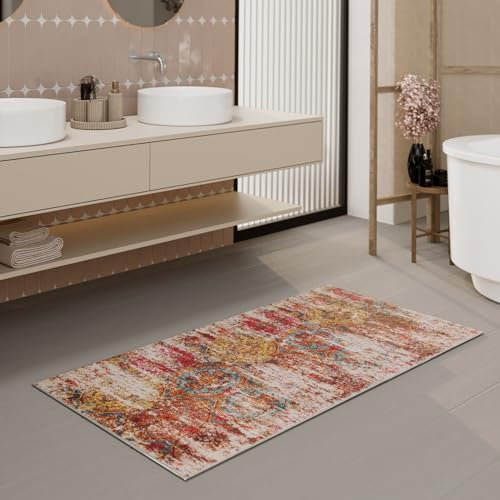 Badezimmerteppich von WECONhome waschbar und rutschfest im Vintage-Stil für EIN modernes, stilvolles Bad – Beach Front (60 x 100 cm, bunt)