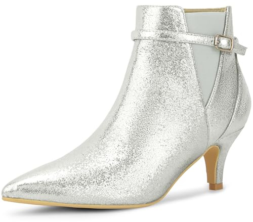 Allegra K Botines de tacón Chelsea Kitten con puntera puntiaguda para mujer, Silver, 38 EU