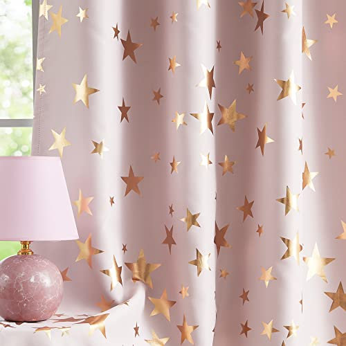 Treatmentex Pink Gold Blackout Curtains for Bedroom 72 inch Drop Eyelet Curtains for Living Room Star Foil Thermal Insulated Window Curtain Panels for Girls Room 2 Panels