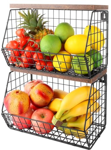 LOPYXBR Lot de 2 Corbeille a Fruit, Panier a Fruit de Mural, Cuisine Basket Avec un Couvercle en bois, Corbeilles à Fruits Pour Rangement Legumes, Fruits et Collations, Noir, 30x21x16cm