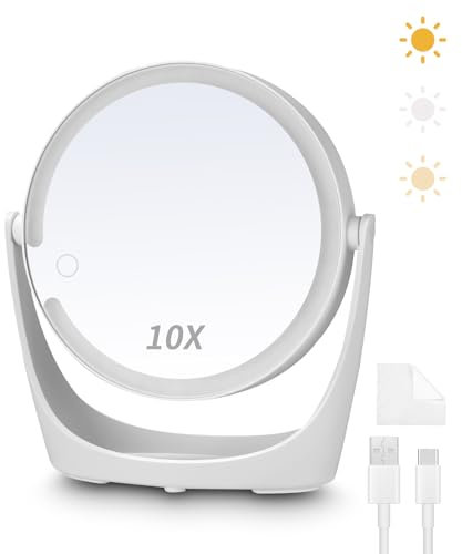 Exyvox Kosmetikspiegel, 1X/10X Vergrößerungsspiegel mit Licht,Schminkspiegel Mit Beleuchtung,Doppelseitige Tischspiegel,3 Farblichter, DimmbarerSchminkspiegel, Reisen Kosmetik Spiegel mit Beleuchtung.