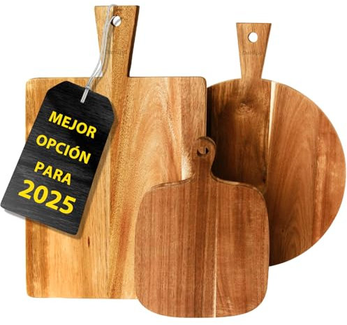 Set da 3 Tagliere Legno Grande di Acacia con Manici, Set di Tagliere in Legno da Cucina per la Cucina – Rotonde, Rettangolari e Piccole Vassoi a Forma di Remo per Formaggio, Carne, Pizza