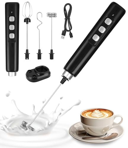 Cexovo Frustino Montalatte Elettrico, Frullino Pieghevole USB Ricaricabile, 3 Velocità Regolabili, 3 Accessori, per Cappuccino, Caffè, Matcha