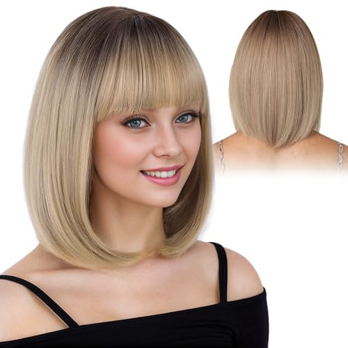 DKDDSSS Ombre Blonde Bob, Short Blonde Bob Wig with Fringe, Synthetic Wig for Women, Wigs Cosplay Costume Charming Wig for Daily Carnival Fancy Dress Halloween