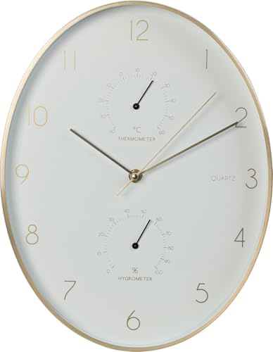 Jack Stonehouse Modern Indoor Oval Wall Clock 34.5cm (13.5”) With Thermometer and Hygrometer | Quartz Clock Movement For Living Room, Kitchen, Office, Wall Decor (White)