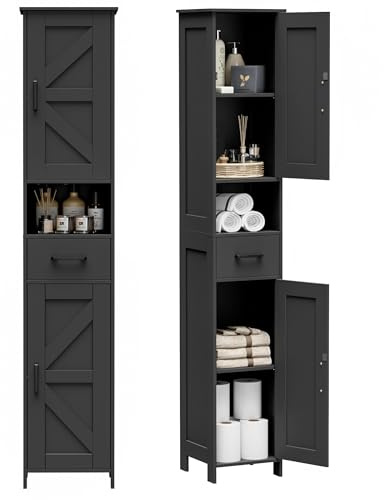 Homhedy 67 H Tall Bathroom Storage Cabinet with Barn Doors and Drawer