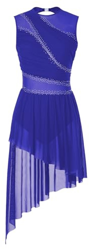 Miutii Abito da donna per pattinaggio su ghiaccio, senza maniche, con glitter, balletto con gonna asimmetrica, lirico, abito da danza moderna e contemporanea, blu royal, L