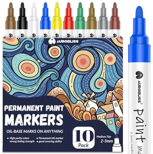 Aurobliss Marqueurs permanents à base d'huile - Imperméables - Pointe ogive moyenne - 2 à 3 mm - Pour métal, plastique, verre, bois, tissu, pierre, peinture d'extérieur