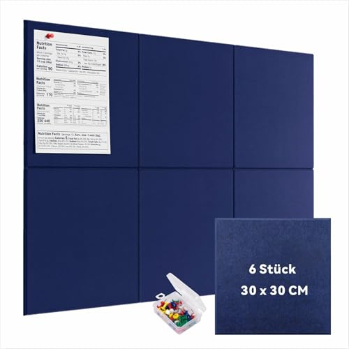 Tablón de anuncios grande de fieltro, paquete de 6 tableros de anuncios de 30 x 30 cm, color azul marino con 30 chinchetas y 36 pestañas adhesivas extraíbles seguras, alternativa a tableros de corcho