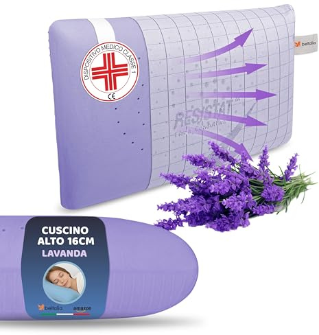BELTALIA Cuscino Cervicale Alto 16 cm Aromaterapico Antirussamento – Dispositivo Medico Classe 1 Detraibile – Traspirante – Fodera Resistat – Made in Italy - (1, Lavanda Resistat, 73x43 H16)