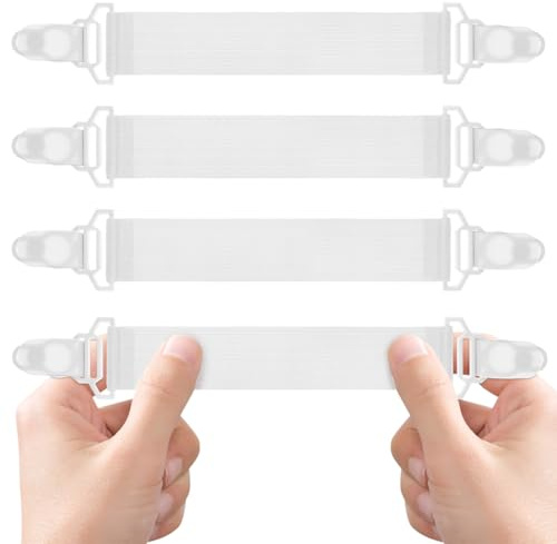 Sewroro Bed Sheet Grippers with Plastic Clips and Rubber Button Hooks, White Elastic Garter Straps for Secure Bedding Fastening, Wrinkle-Free Mattress Holder Straps for Home Use (4 Pack)