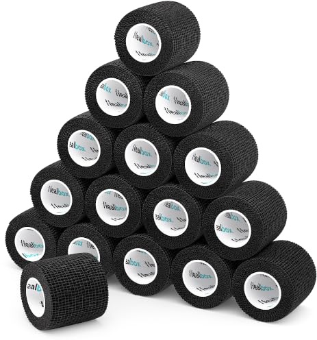 Healbox Venda Cohesiva 5 cm x 4,5 m Color Negro – Caja de 16 para Cinta para Medias de Fútbol, Venda Veterinaria y Cinta para Empuñadura