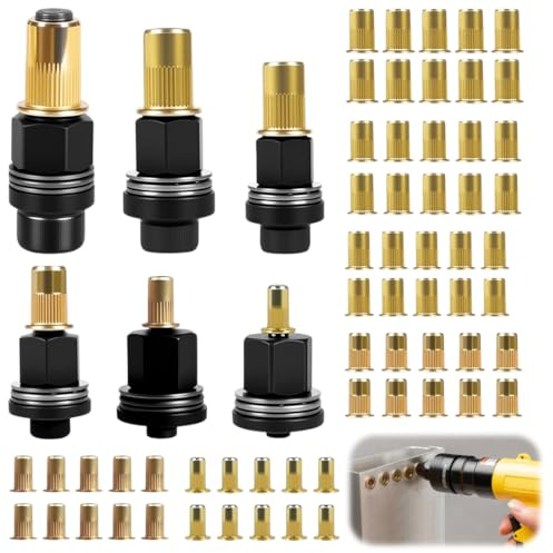 Set med 6 nitmuttrar, nitar set för M3, M4, M5, M6, M8, M10, inpressningsmuttrar handnitverktygsset, med 70 stycken muttrar, nitmuttrar, pistolverktyg