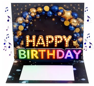 Joli Coon Biglietto auguri compleanno con musica e luce – Biglietto auguri compleanno pop up 3D per uomo con effetto luminoso, busta e adesivo sigillo – 20 x 15 cm