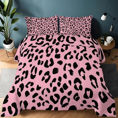 Edredón nórdico de Microfibra 220 x 240 cm Patrón De Estampado De Leopardo Simple Relleno nórdico 4 Estaciones con 2 Fundas de Almohada – Ultra Suave edredón para Niños niñas, Rosa