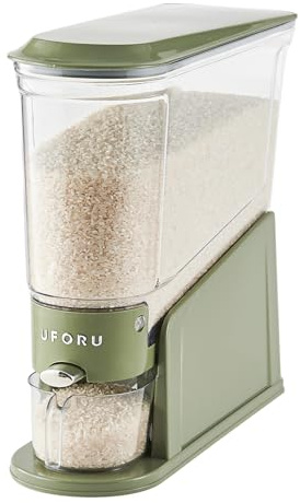 UFORU Rice Dispenser, Slim Rice Storage Container for Small Space, BPA-Free Clear Dry Food Dispenser Sealed Moisture Proof, Grain Storage Bucket for Kitchen Pantry Household (Green11Lbs)