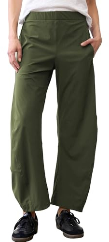 SeeLuNa Women Barrel Travel Pants Elastic Waistband Tapered Leg Baggy Mid Rise Work Trousers Lounge Pant with Pockets, Olive, M